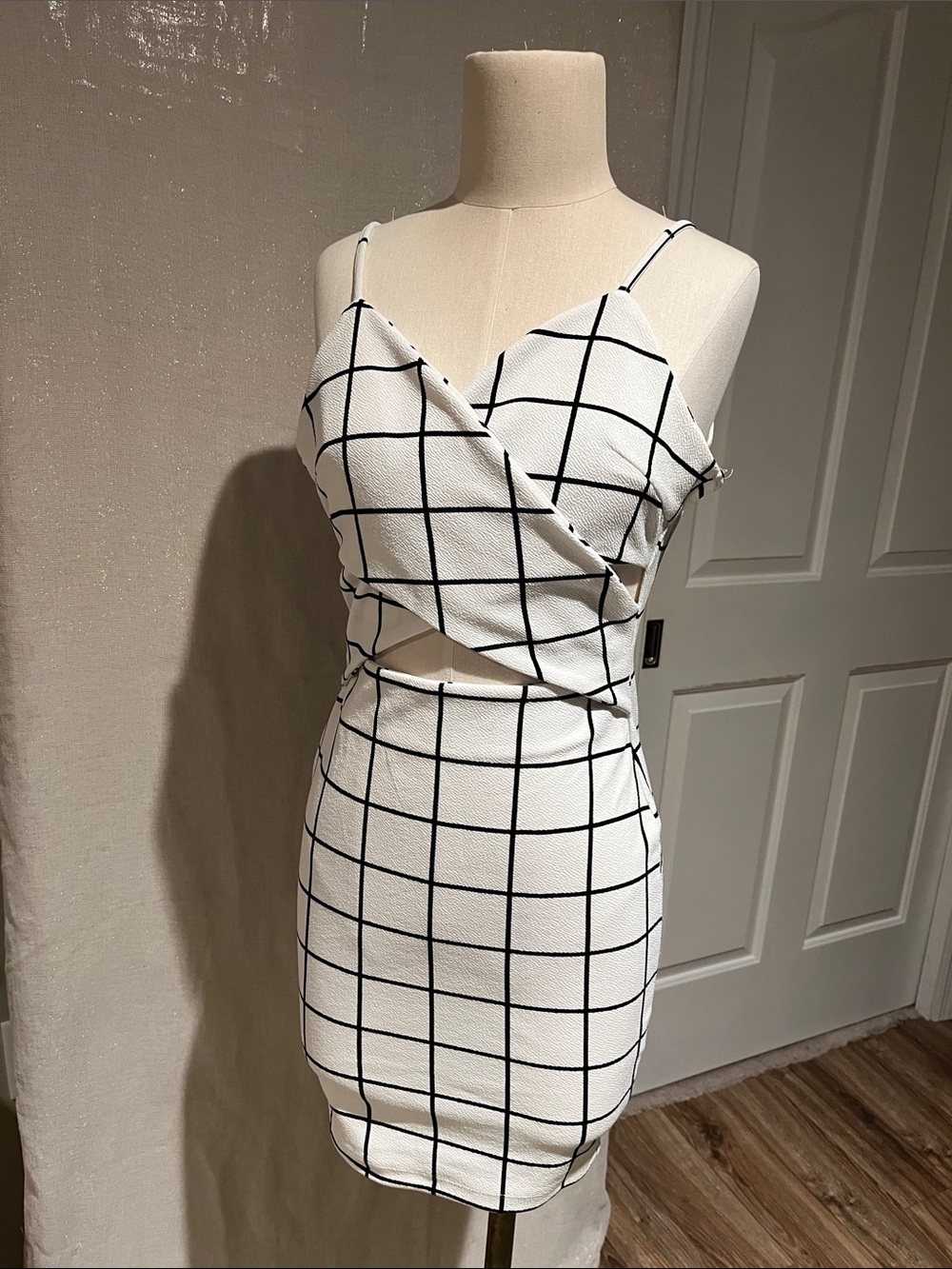White Windowpane Wrap Mini Dress